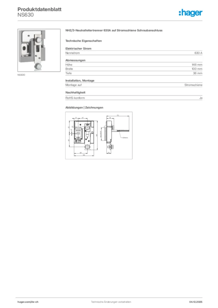 Bild Hager Produktdatenblatt NS630 | Hager Schweiz