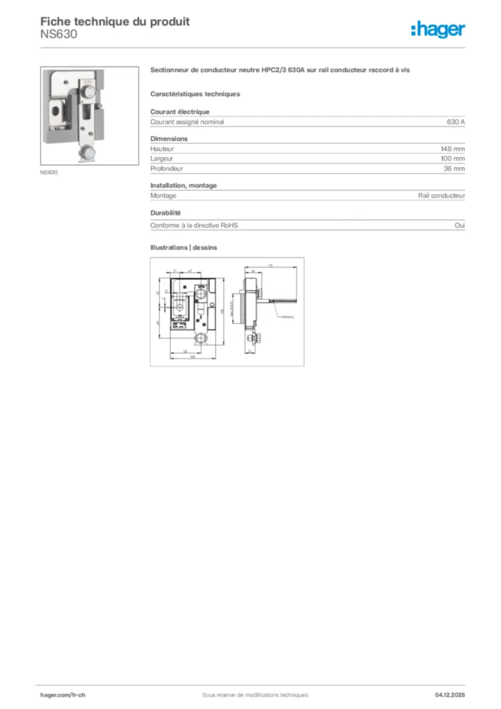Image Hager Fiche technique du produit NS630 | Hager Suisse