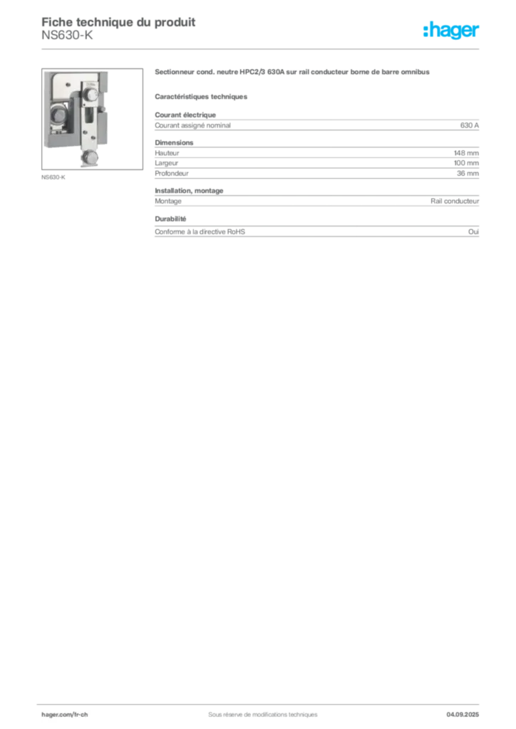Image Hager Fiche technique du produit NS630-K | Hager Suisse