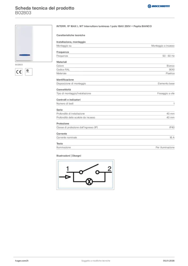 Immagine Bocchiotti Scheda tecnica del prodotto B02803 | Hager Italia