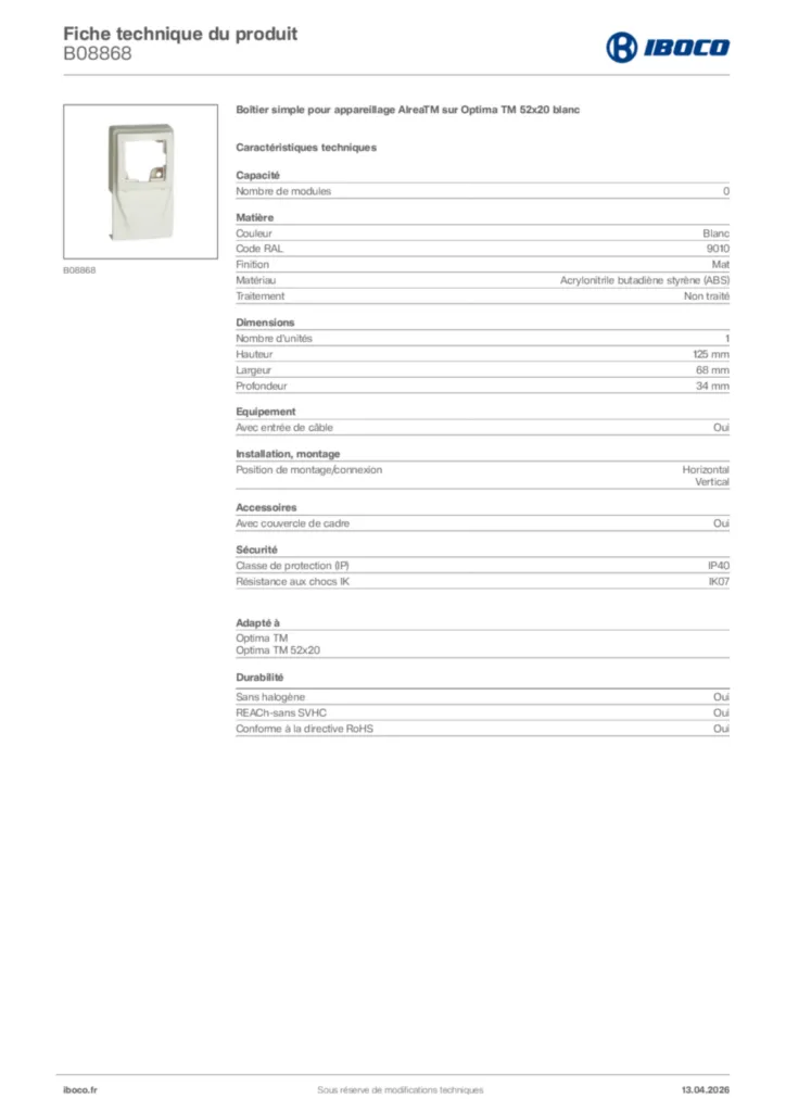 Image Iboco Fiche technique du produit B08868 | Hager France