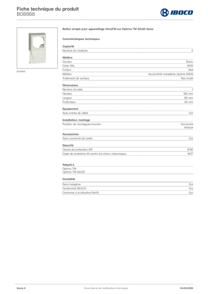 Image Iboco Fiche technique du produit B08868 | Hager France