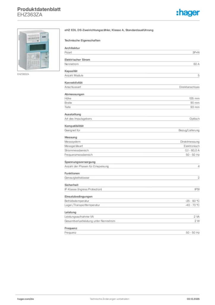 Bild Hager Produktdatenblatt EHZ363ZA | Hager Deutschland