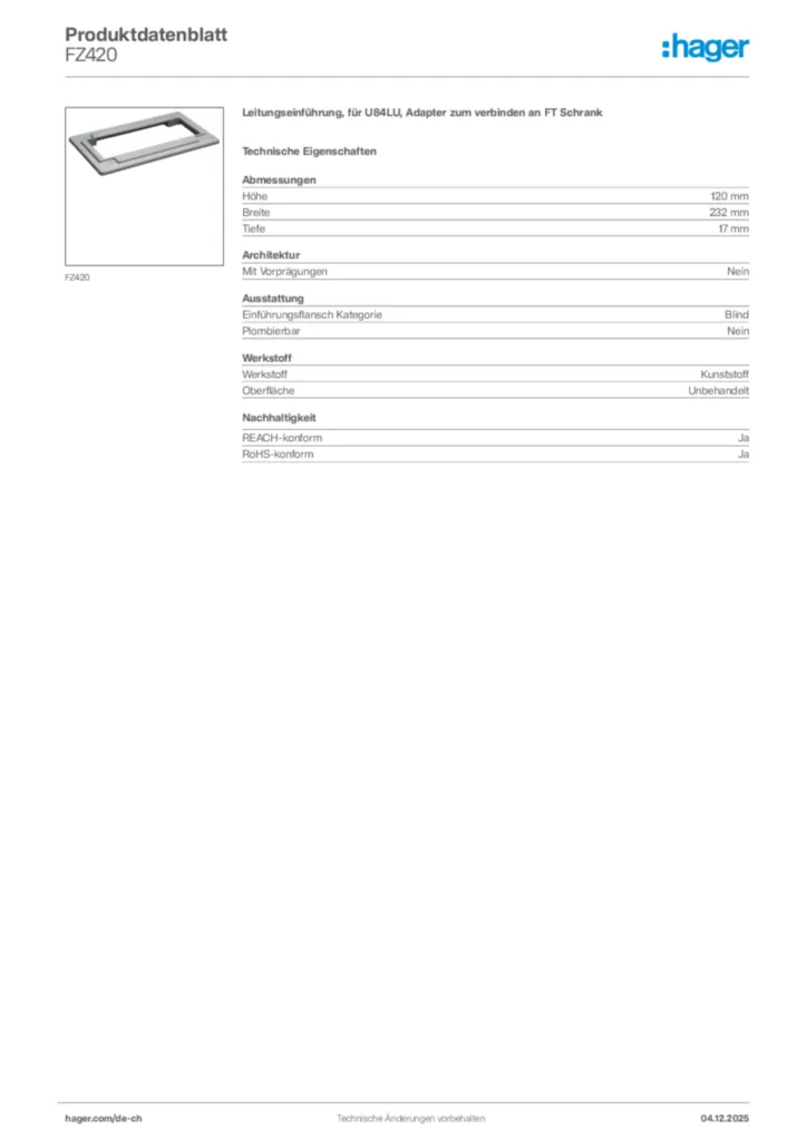 Bild Hager Produktdatenblatt FZ420 | Hager Schweiz