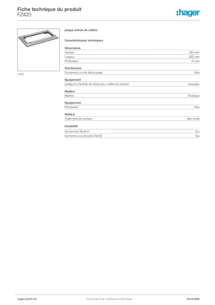 Image Hager Fiche technique du produit FZ420 | Hager Suisse