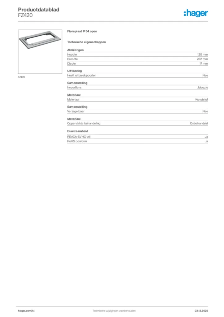 Afbeelding Hager Productdatablad FZ420 | Hager Nederland