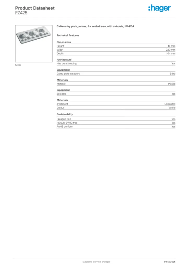 Image Hager Product data sheet FZ425  | Hager Africa