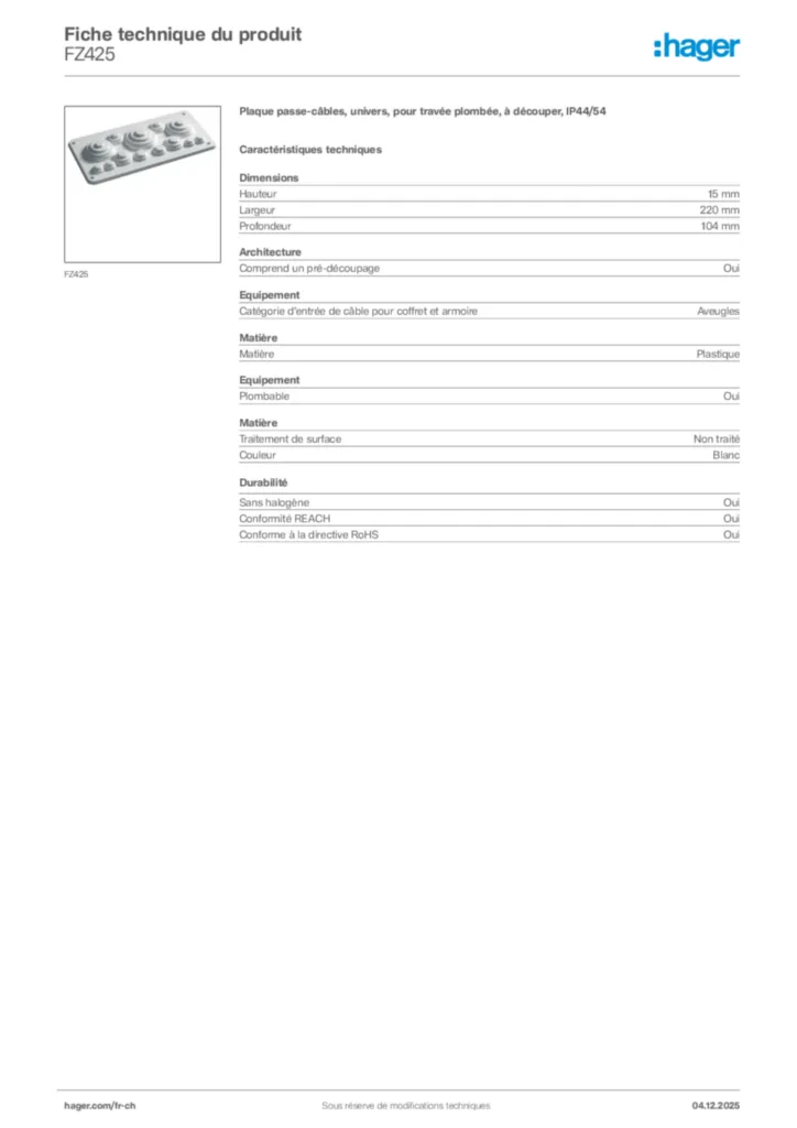 Image Hager Fiche technique du produit FZ425 | Hager Suisse
