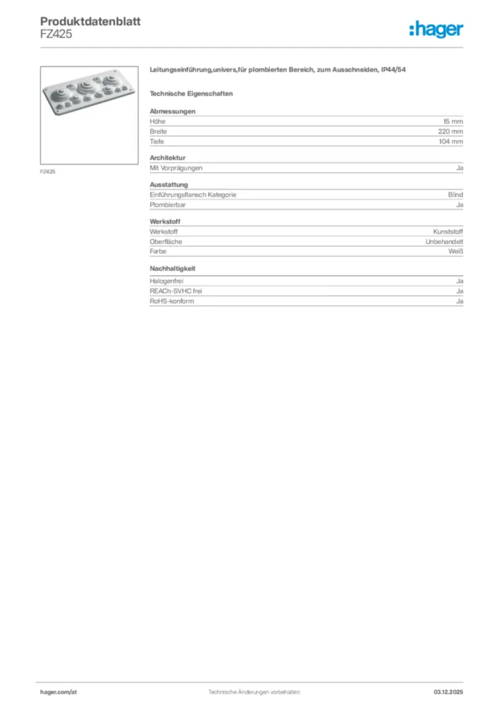 Bild Hager Produktdatenblatt FZ425 | Hager Deutschland