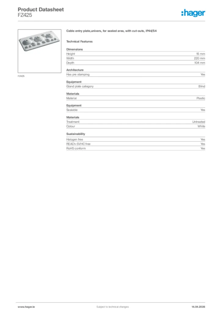 Image Hager Product data sheet FZ425  | Hager
