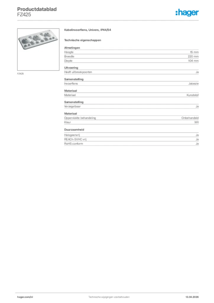 Afbeelding Hager Productdatablad FZ425 | Hager Nederland