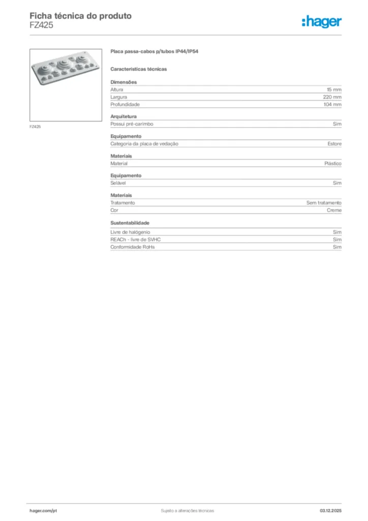 Imagem Hager Ficha técnica do produto FZ425 | Hager Portugal