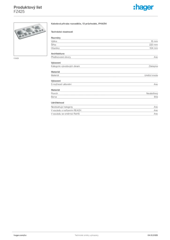 Obrázek Hager Product data sheet FZ425 | Hager