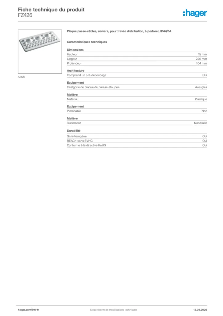 Image Hager Fiche technique du produit FZ426 | Hager Afrique