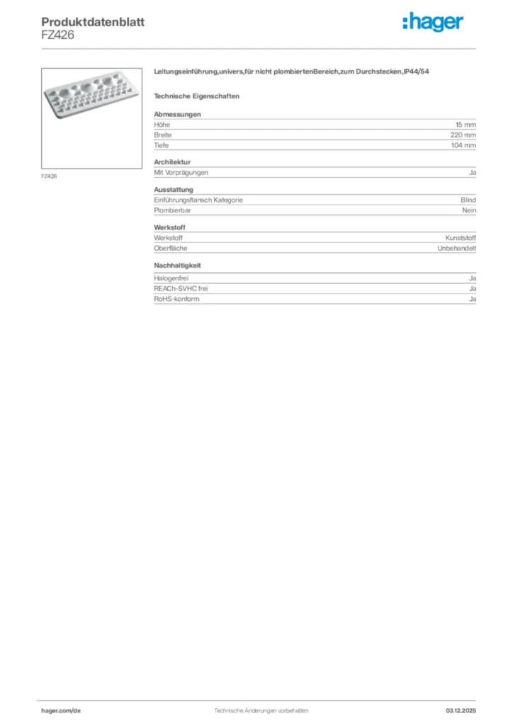 Bild Hager Produktdatenblatt FZ426 | Hager Deutschland