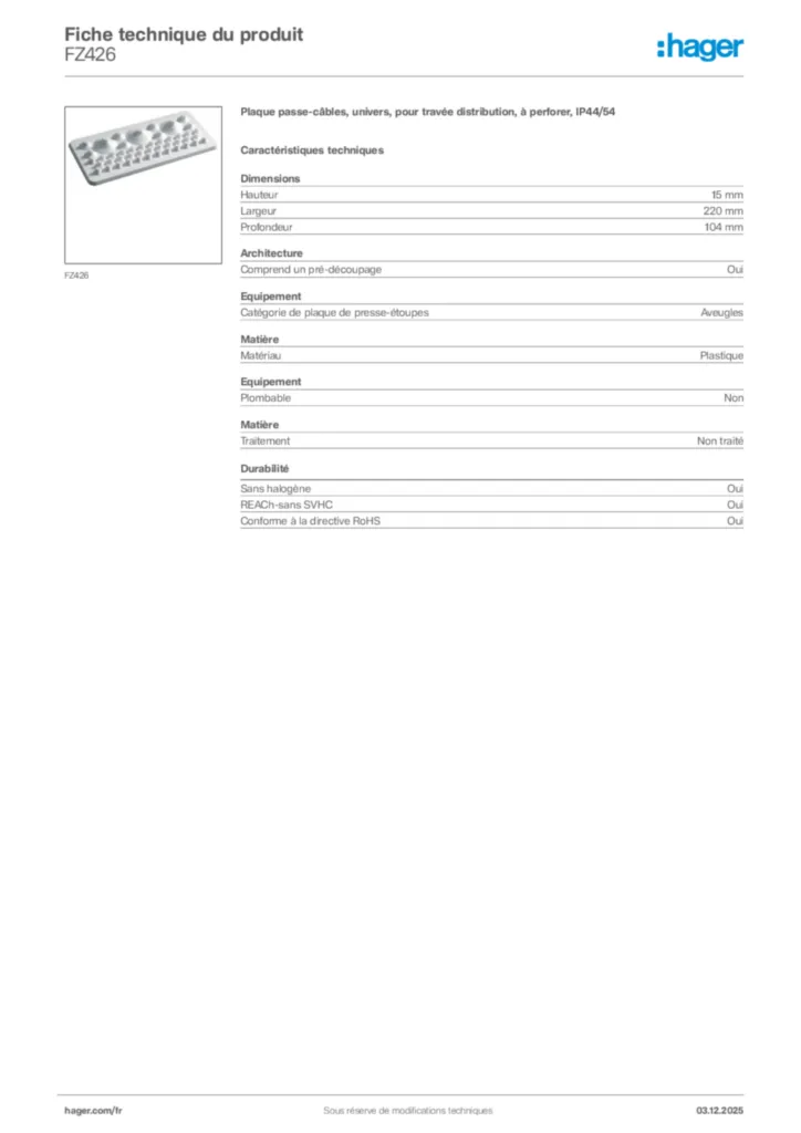 Image Hager Fiche technique du produit FZ426 | Hager France