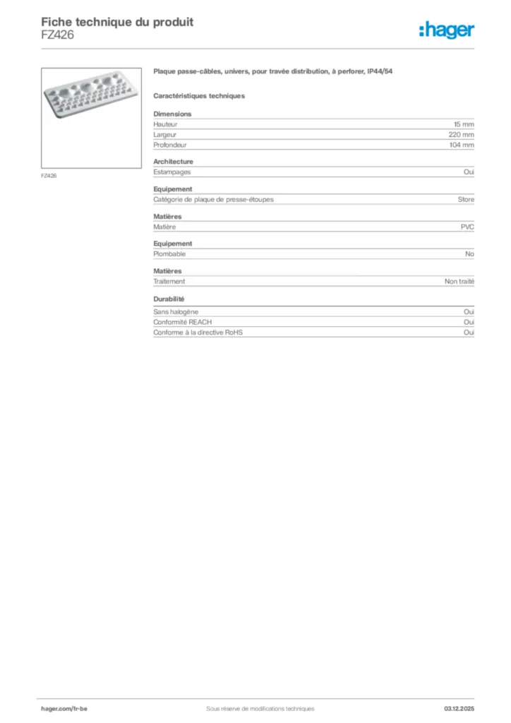 Image Hager Fiche technique du produit FZ426 | Hager Belgique