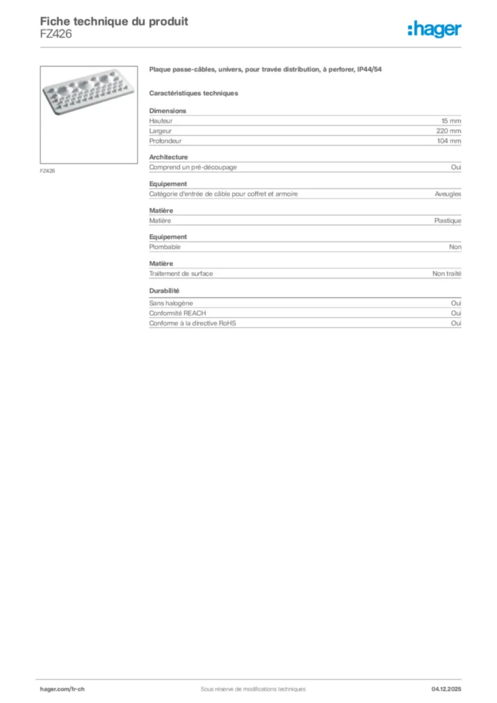 Image Hager Fiche technique du produit FZ426 | Hager Suisse
