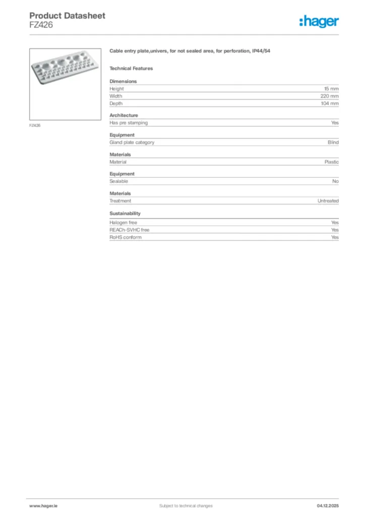 Image Hager Product data sheet FZ426  | Hager