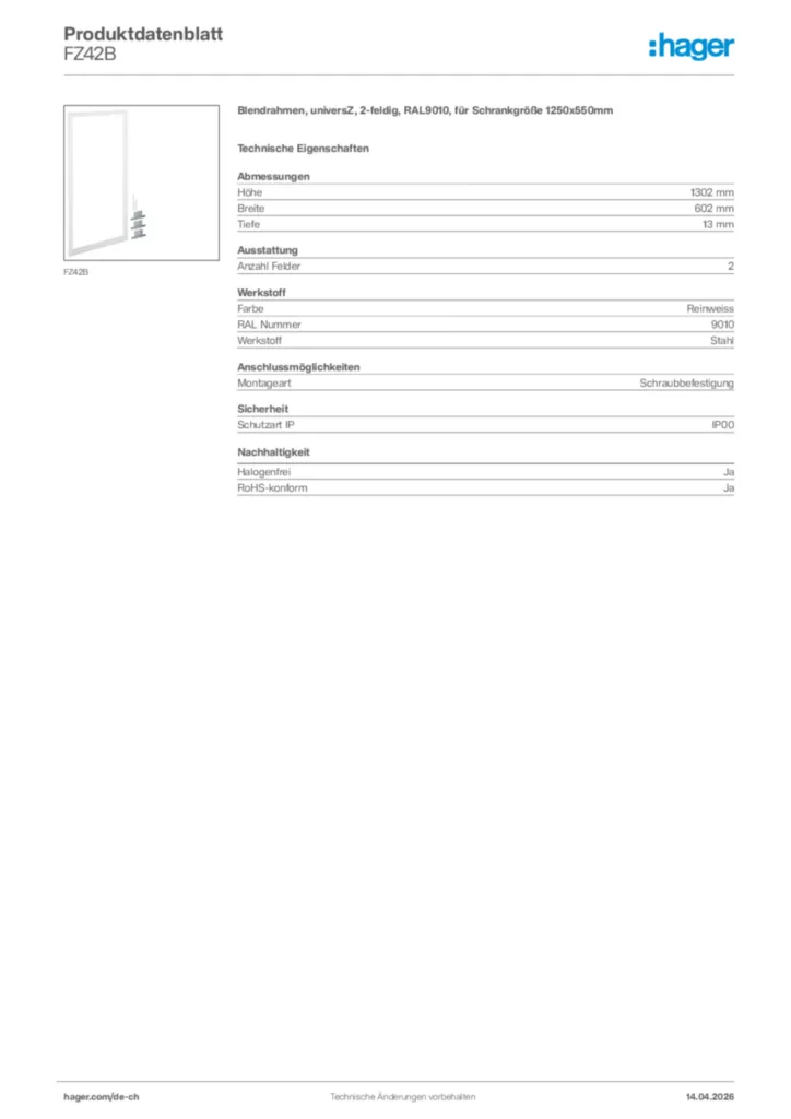 Bild Hager Produktdatenblatt FZ42B | Hager Schweiz
