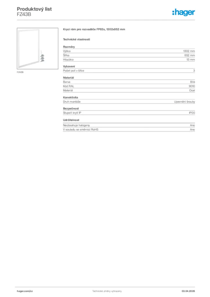 Obrázek Hager Product data sheet FZ43B | Hager