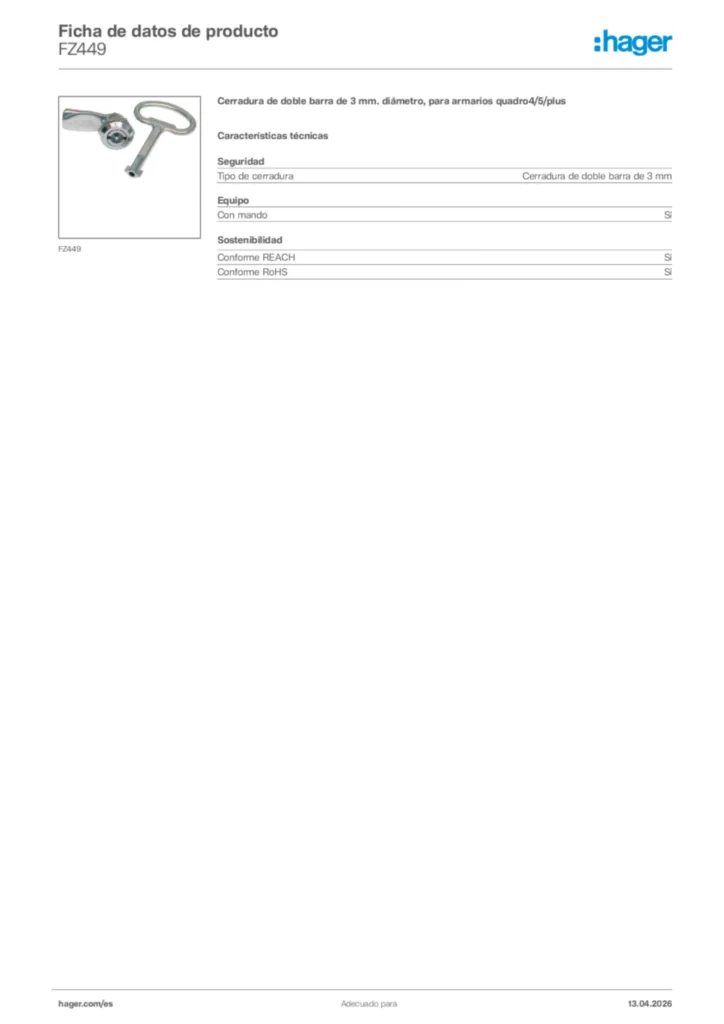Imagen Hager Ficha de datos de producto FZ449 | Hager España