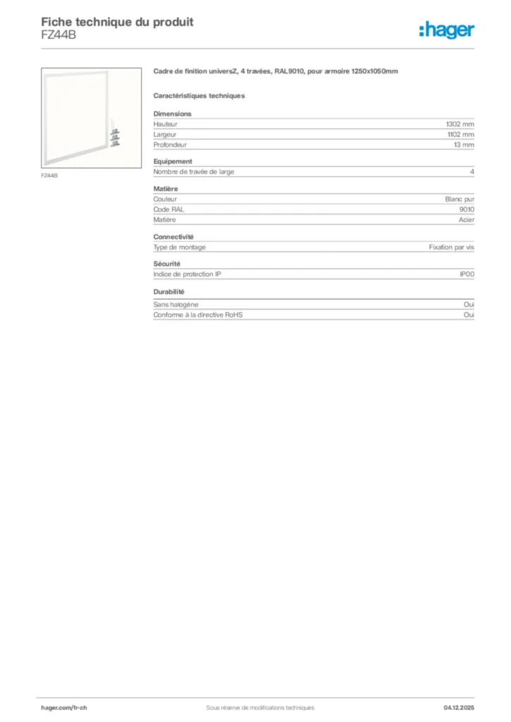 Image Hager Fiche technique du produit FZ44B | Hager Suisse