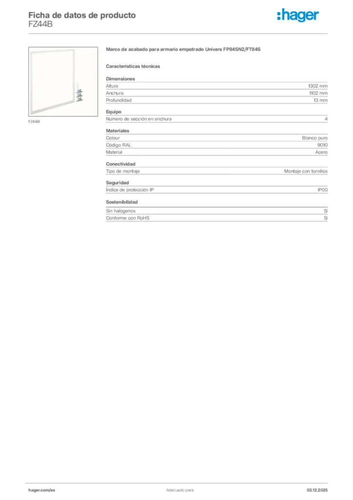 Imagen Hager Ficha de datos de producto FZ44B | Hager España