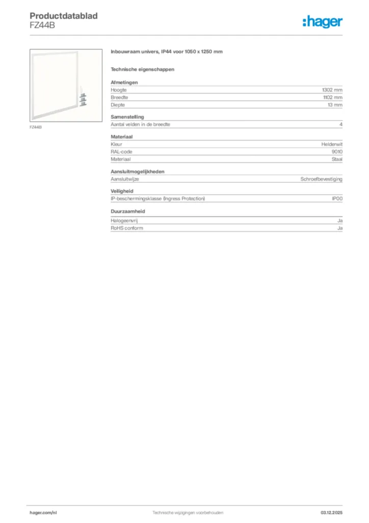 Afbeelding Hager Productdatablad FZ44B | Hager Nederland