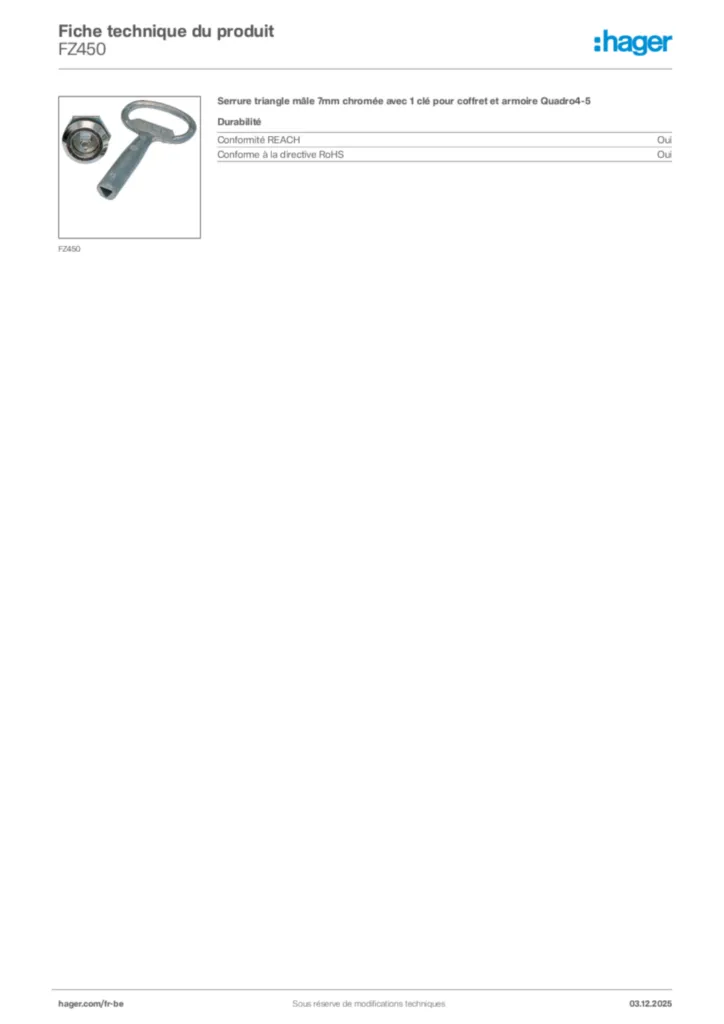 Image Hager Fiche technique du produit FZ450 | Hager Belgique