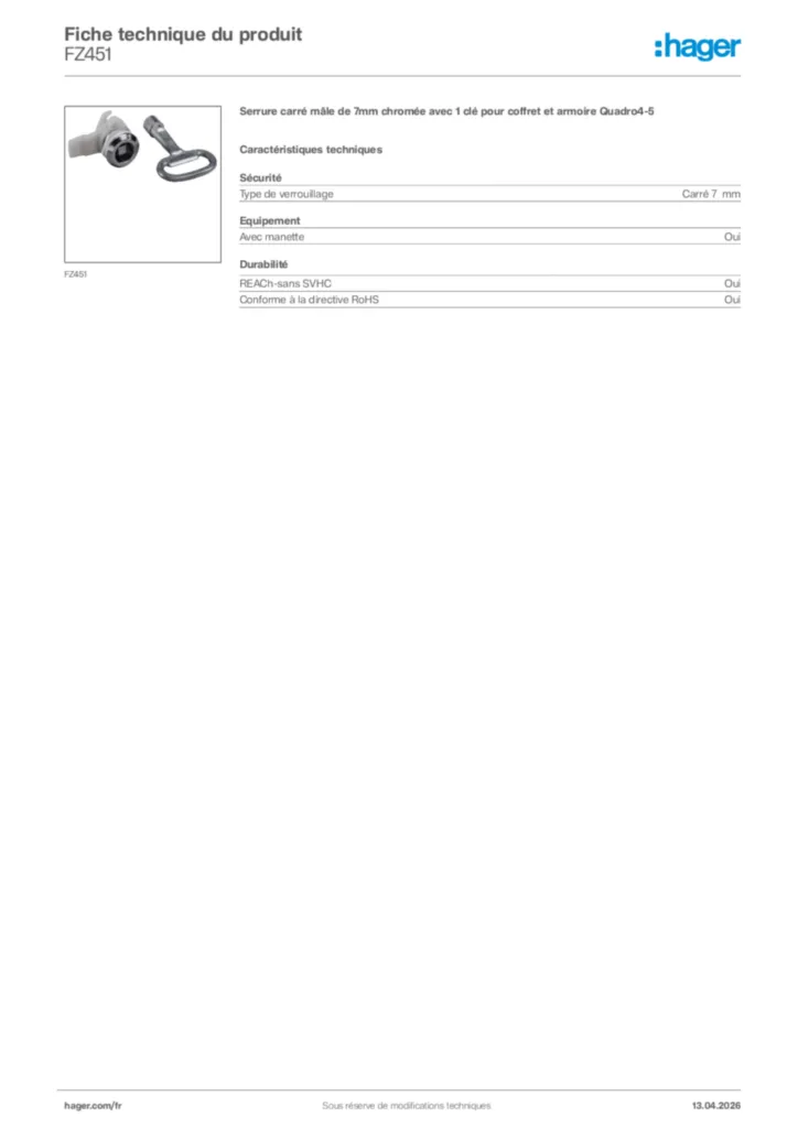 Image Hager Fiche technique du produit FZ451 | Hager France