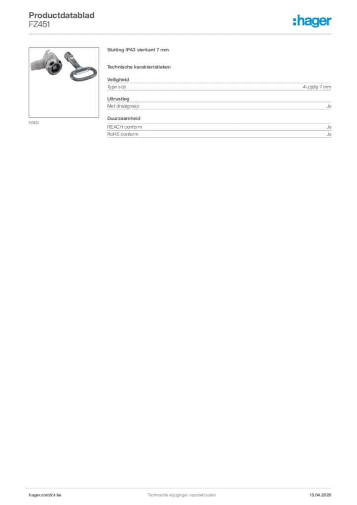 Afbeelding Hager Productdatablad FZ451 | Hager Belgium