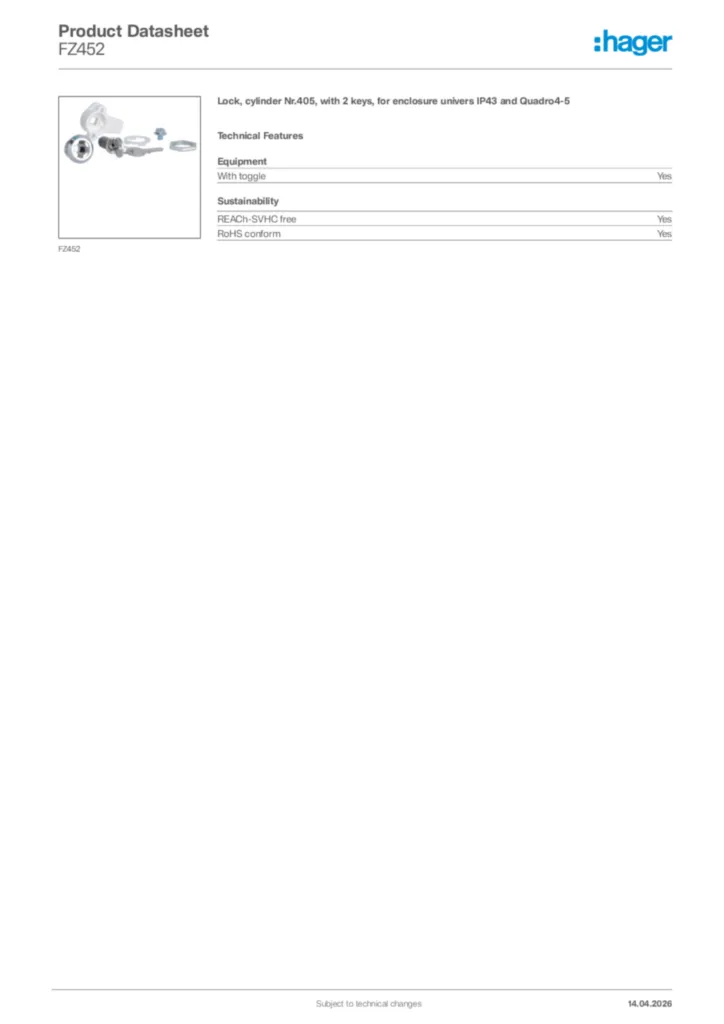 Image Hager Product data sheet FZ452  | Hager Africa