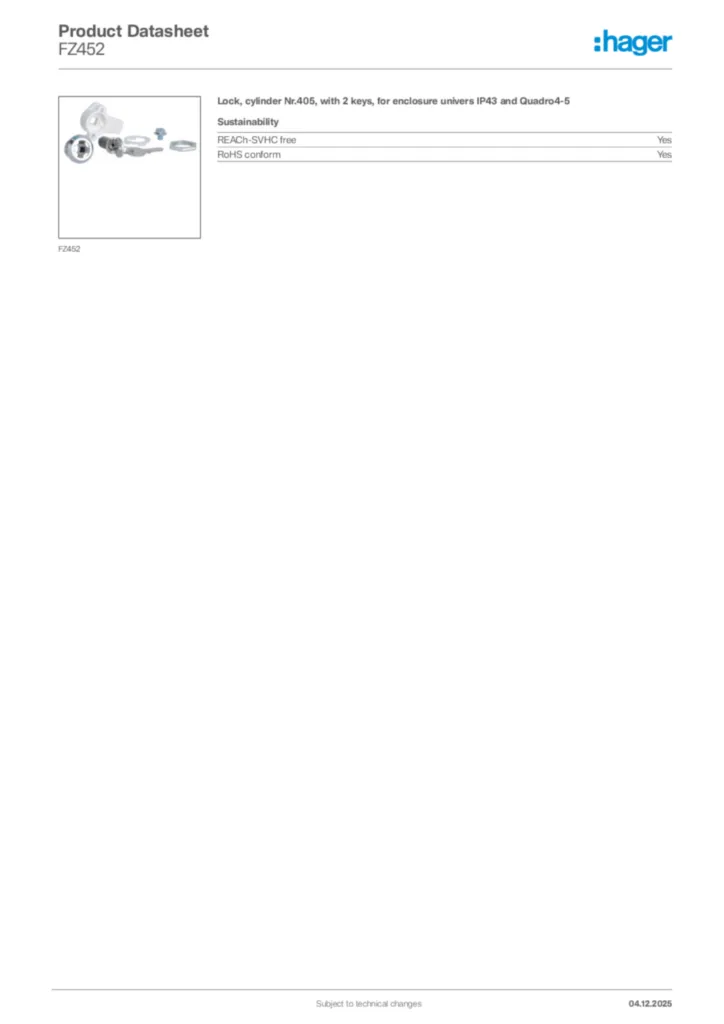 Image Hager Product data sheet FZ452  | Hager Africa