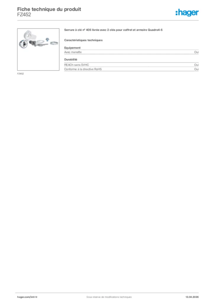 Image Hager Fiche technique du produit FZ452 | Hager Afrique