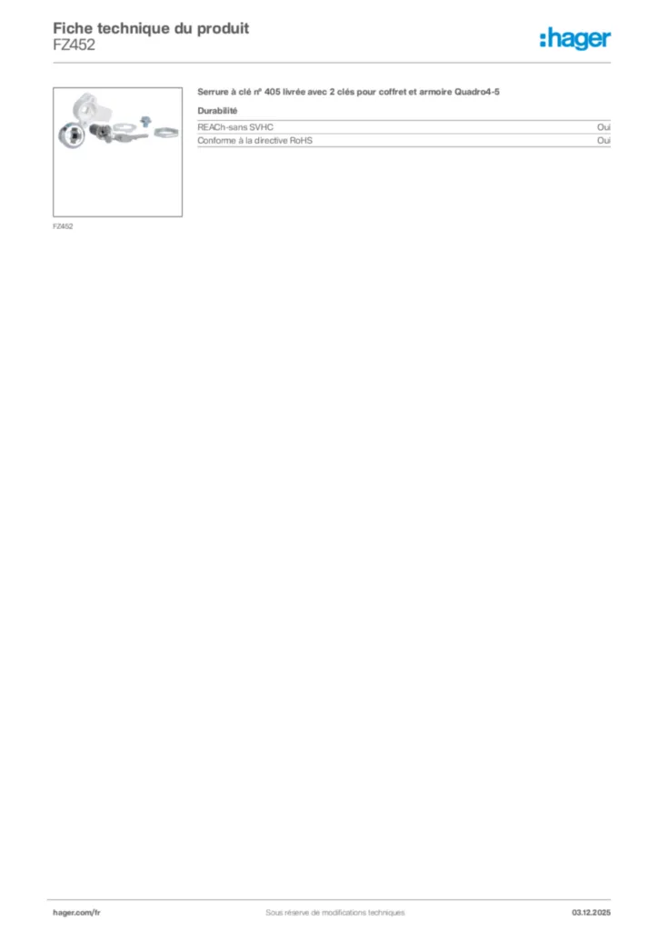 Image Hager Fiche technique du produit FZ452 | Hager France