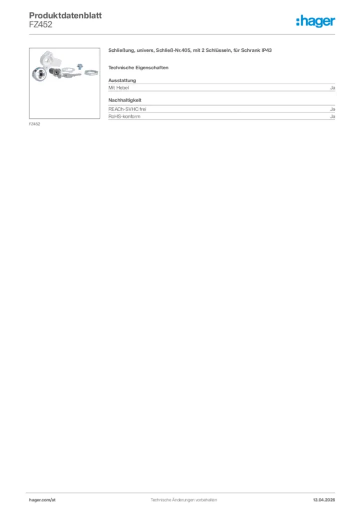 Bild Hager Produktdatenblatt FZ452 | Hager Deutschland