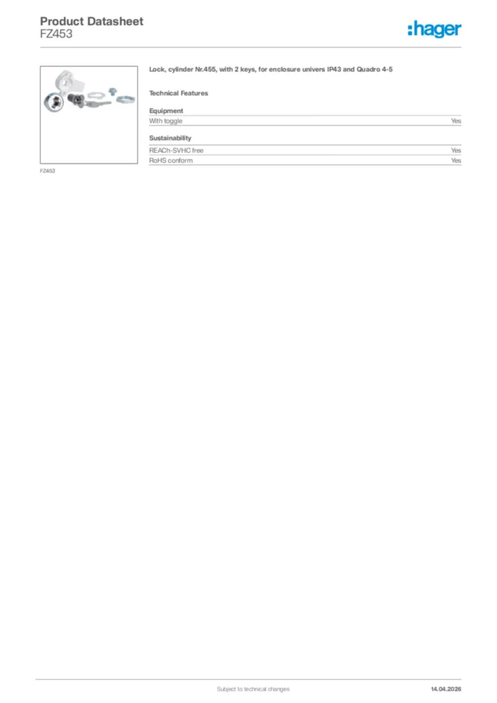 Image Hager Product data sheet FZ453  | Hager Africa