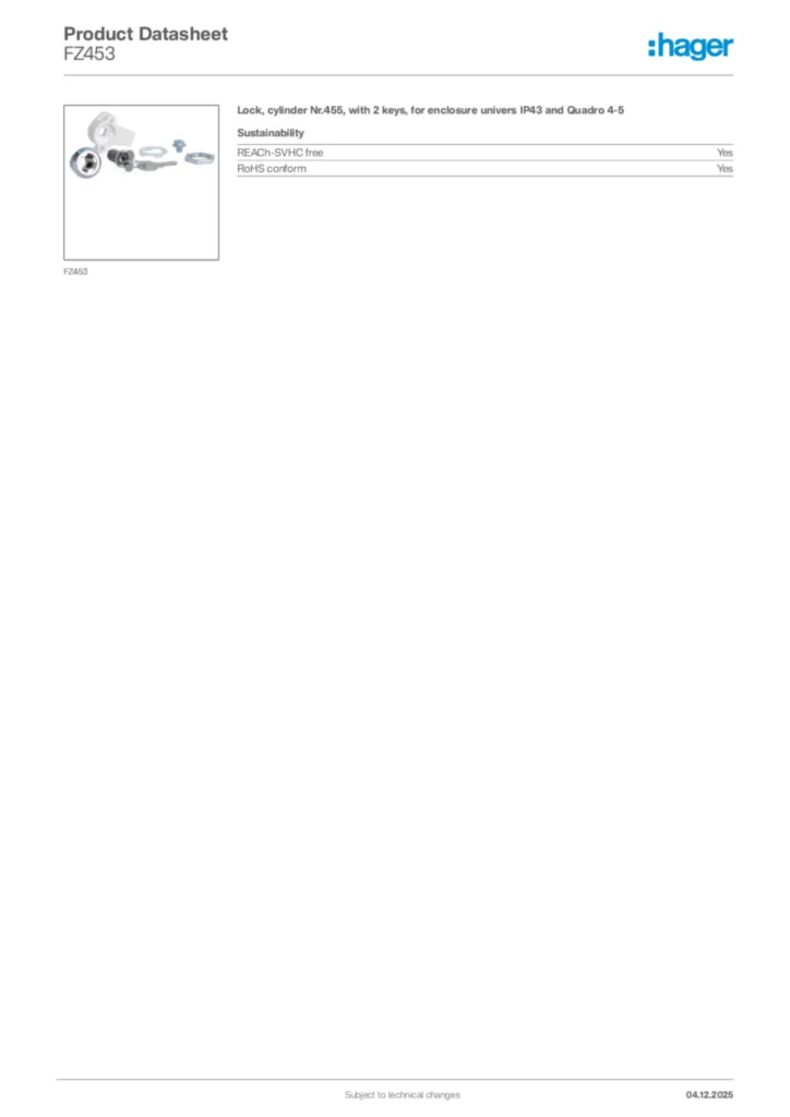 Image Hager Product data sheet FZ453  | Hager Africa