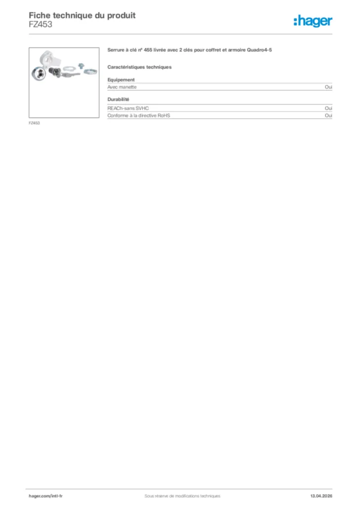 Image Hager Fiche technique du produit FZ453 | Hager Afrique