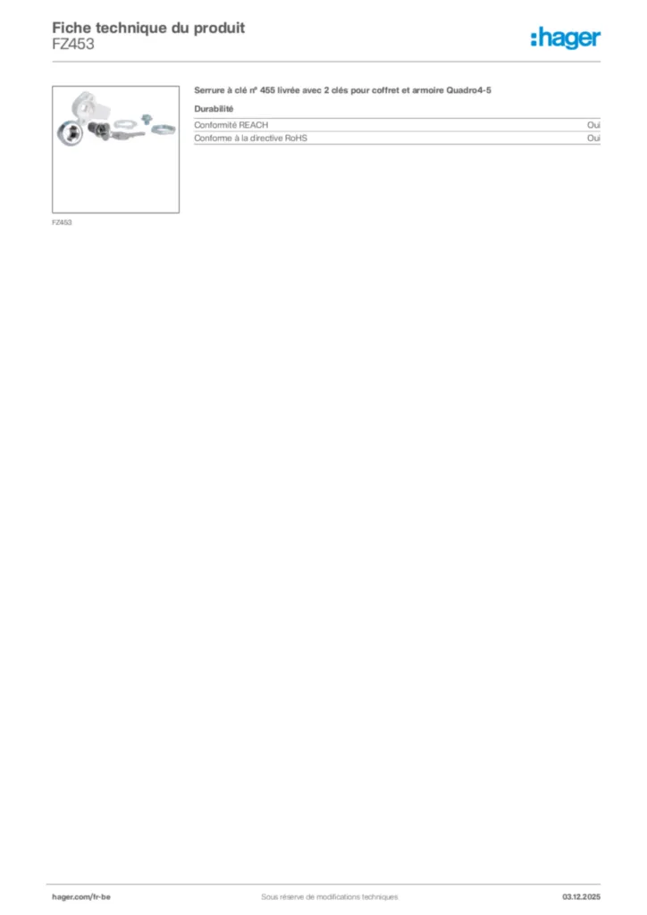 Image Hager Fiche technique du produit FZ453 | Hager Belgique