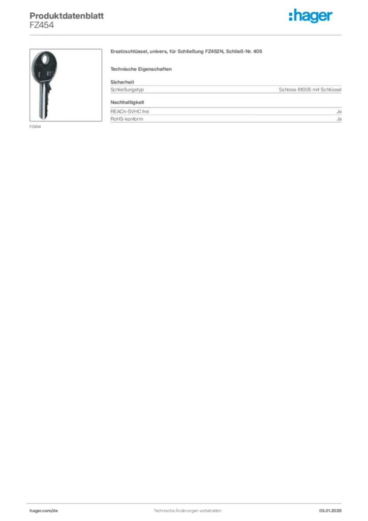 Bild Hager Produktdatenblatt FZ454 | Hager Deutschland