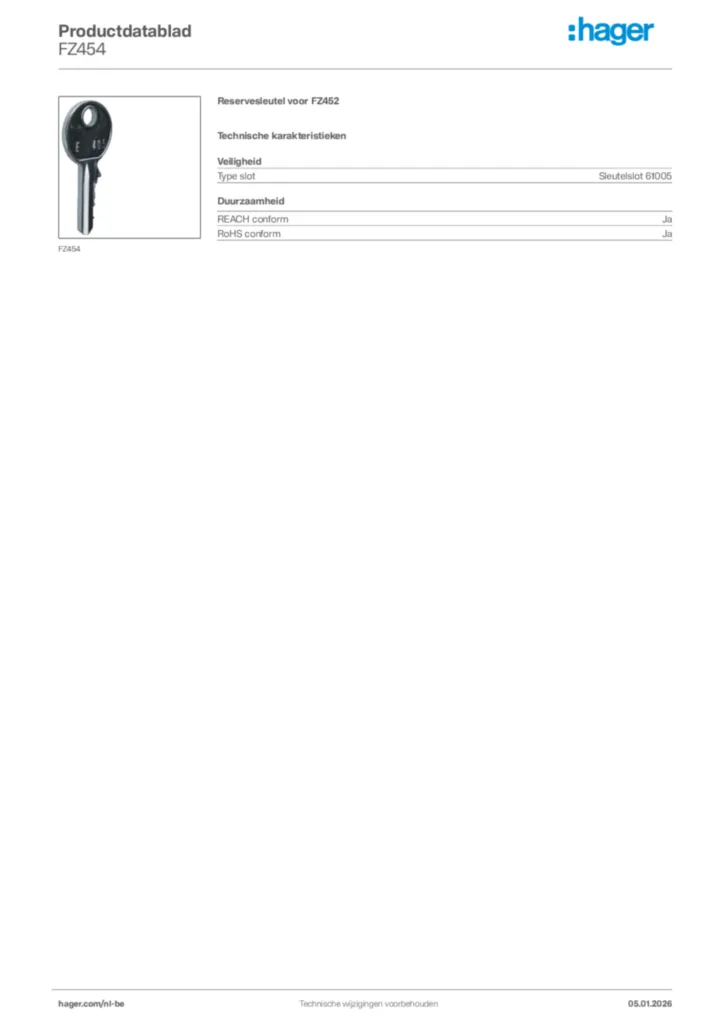 Afbeelding Hager Productdatablad FZ454 | Hager Belgium