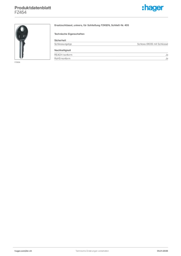Bild Hager Produktdatenblatt FZ454 | Hager Schweiz