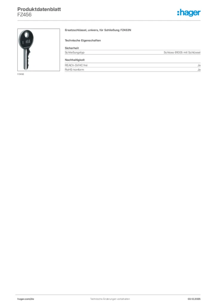 Hager Produktdatenblatt FZ456