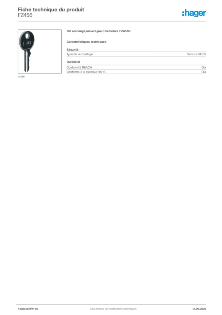 Image Hager Fiche technique du produit FZ456 | Hager Suisse