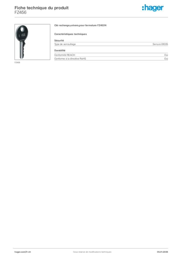 Image Hager Fiche technique du produit FZ456 | Hager Suisse