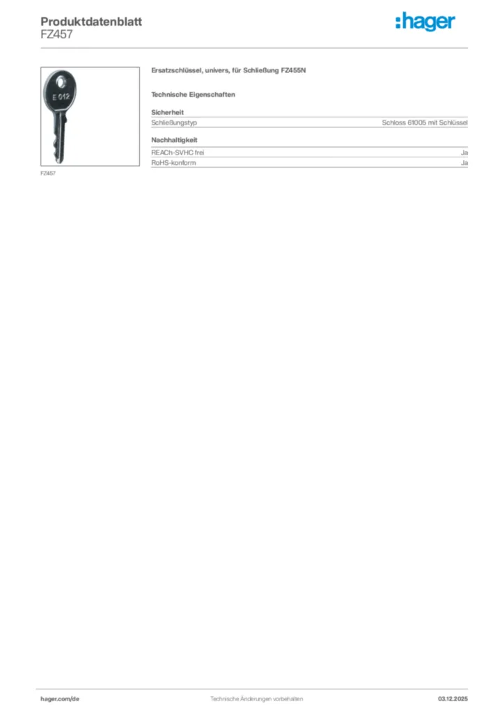 Bild Hager Produktdatenblatt FZ457 | Hager Deutschland