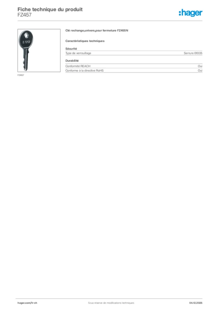 Image Hager Fiche technique du produit FZ457 | Hager Suisse
