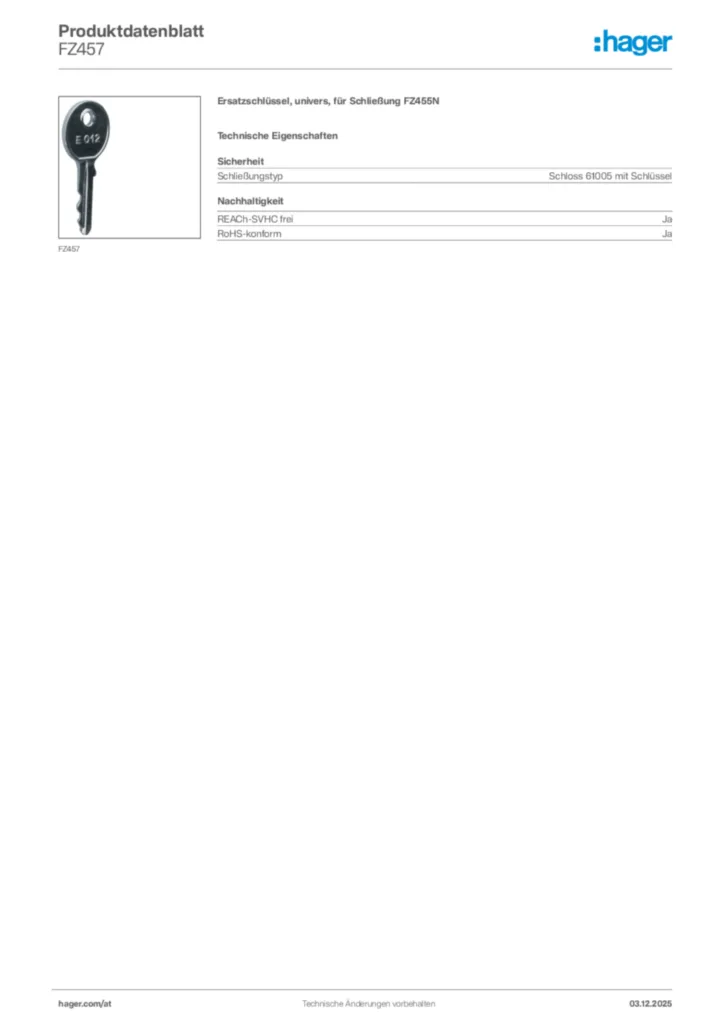 Bild Hager Produktdatenblatt FZ457 | Hager Deutschland